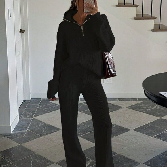 Black Casual Women's Streetwear Matching Sweater Set